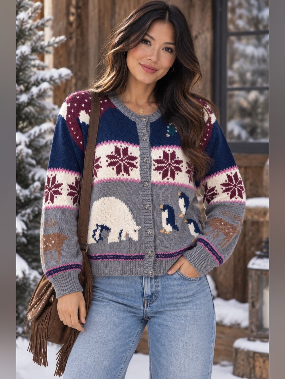 Vintage 80s NWT SKYR Shetland Wool Polar Bear Penguin Cardigan Size 40